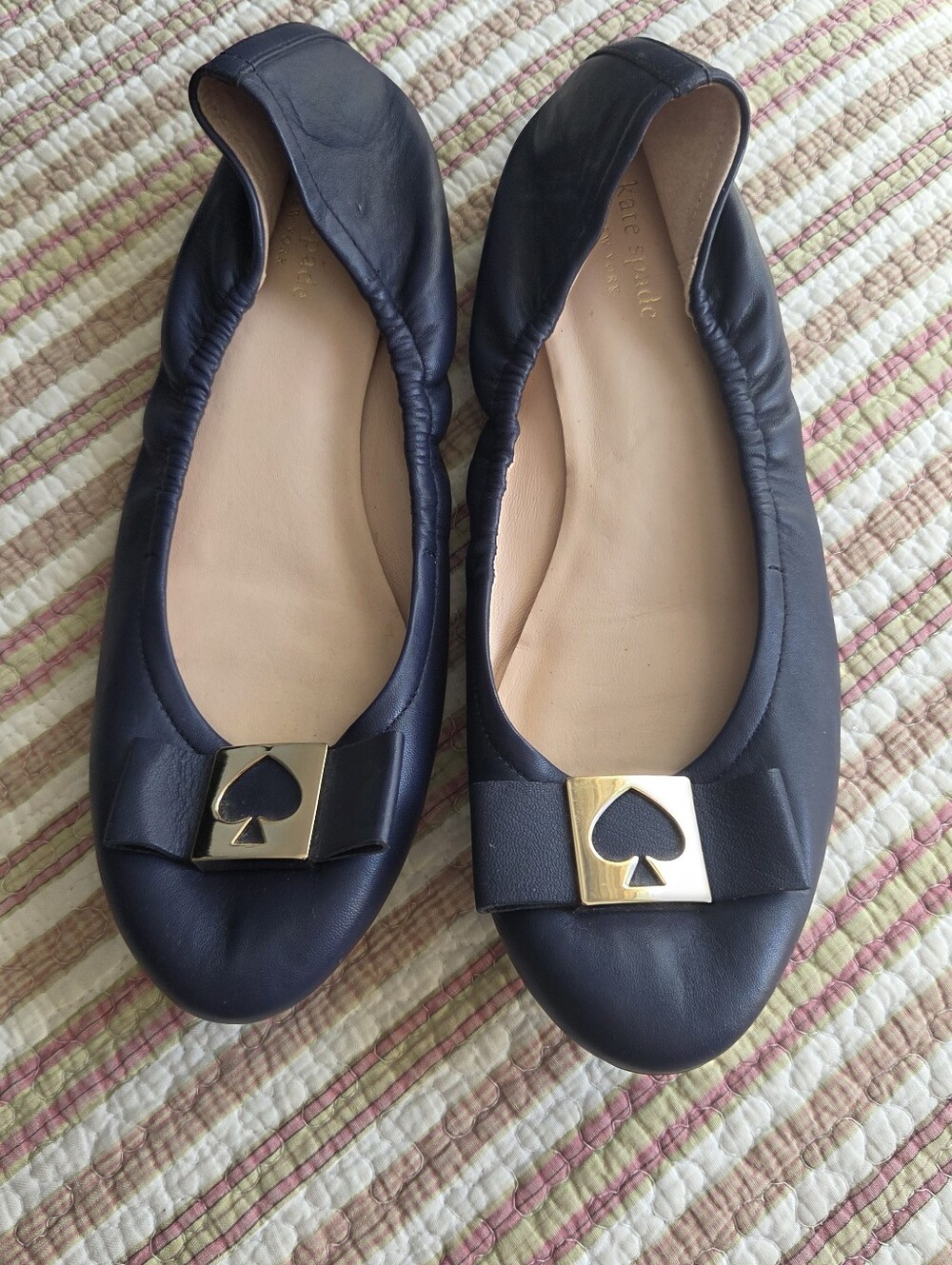 kate spade Navy Leather Ballet Flats with Gold Spade Hardware